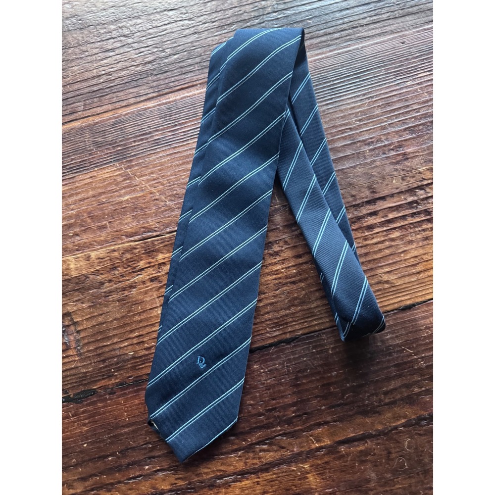 Christian Dior Mens Navy Blue Striped Silk Blend Tie Vintage Logo Necktie